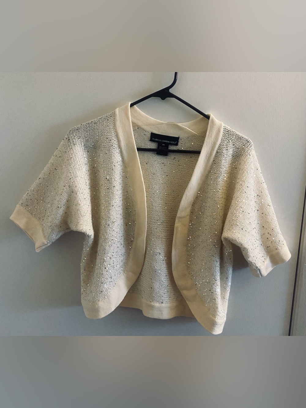 Isabella Rodriguez Cream Short-Sleeve Sequin Open Cardigan